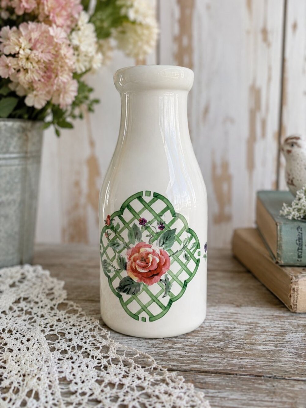 Vintage Pfaltzgraff Garden Trellis Floral Bottle Vase Cottagecore Farmhouse Deco